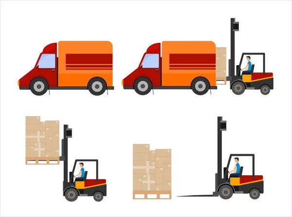 Sklad ilustrace Truck loader načítání lepenkové krabice — Stockový vektor