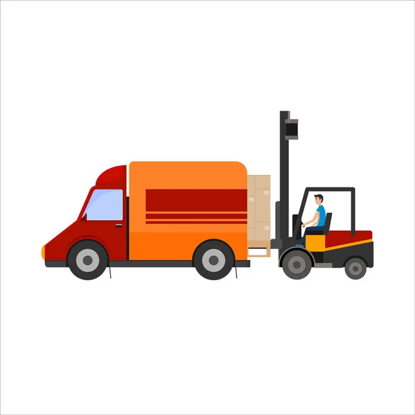 Yükleyici kamyon karton kutular yüklenmesi Illustration depo — Stok Vektör