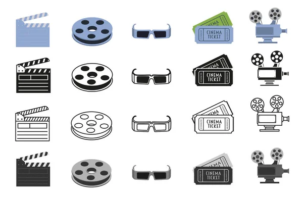 Піктограми фільмів, встановлені з проектором кінокамери, боббін, окуляри, квитки та клавіатура — стоковий вектор