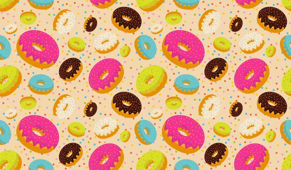 Seamless pattern with many tasty donuts — Stock Vector