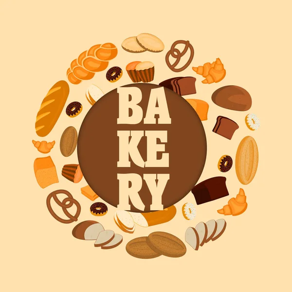 Vektor pékség bolt poszter design sablon, kenyér, édes zsömle, cookie-kat, croissant, sütemény, fánk és egyéb termékek — Stock Vector
