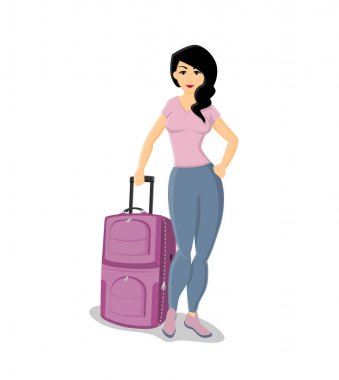 Bir bavul bir genç esmer kadın. Beyaz arka plan üzerinde izole vektör çizim