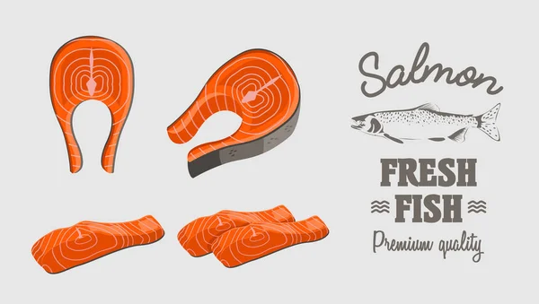 Set di bistecche di salmone. Collezione pezzi di pesce rosso in bianco — Vettoriale Stock