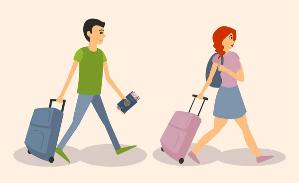 Pareja hombre y mujer con maletas y mochilas para viajar. Ilustración vectorial aislada sobre fondo blanco . — Vector de stock