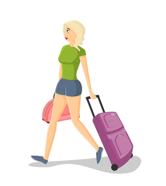 Vector illustration of the cute blonde woman in t-shirt and shorts holding suitcases isolated on a white background. — Stock Vector