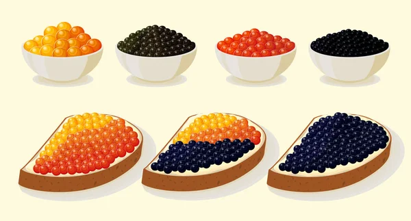 Seafood sandwiches set. Illustration with red and black caviar on a plate. — Stock Vector