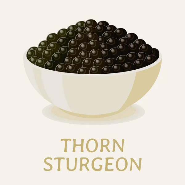 Appetizing black thorn sturgeon caviar in a white bowl. - Stok Vektor