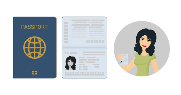 Passport in open and closed view with the image of the brunette woman. Vector illustration isolated on a white background. — Stock Vector