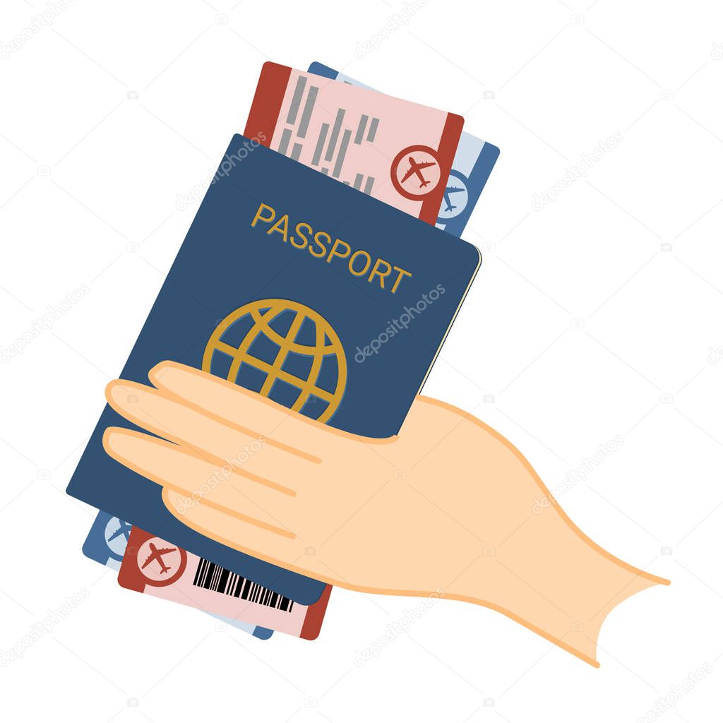 Vector illustration of a hand holding passport and tickets isolated on a white background.