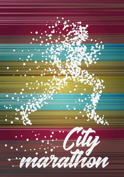 Conceito de design de cartaz de maratona da cidade com silhueta divergente de partículas de mulher em execução —  Vetores de Stock