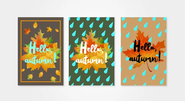 Olá Outono posters modelos com gotas de chuva e folhas caídas. Conjunto de conceitos de design . — Vetor de Stock