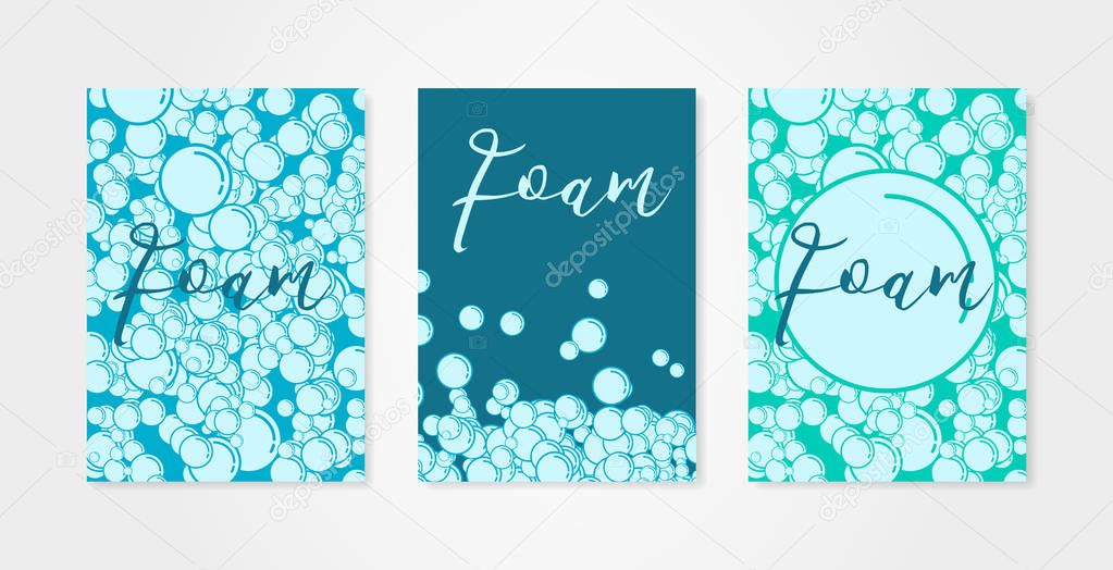 Set of backgrounds with bubbles of shampoo or soap foam. Collection of aqua park, swimming pool or diving concepts.
