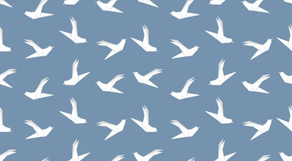 Origami pomba pássaro sem costura padrão no fundo azul . — Vetor de Stock
