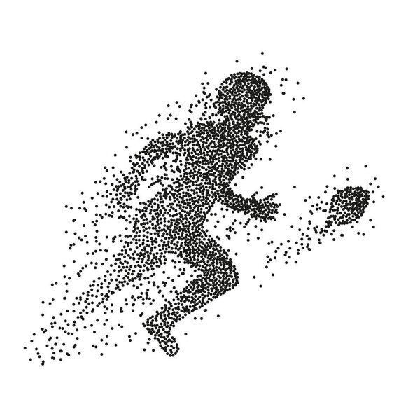 Particle divergent silhouette of american football player.