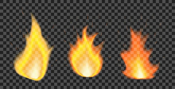 Juego de llamas de fuego con chispas sobre fondo transparente — Vector de stock