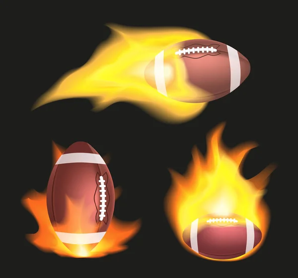 Conjunto de pelotas de fútbol americano o rugby encendidas sobre un fondo negro. Equipamiento deportivo con fuego . — Vector de stock