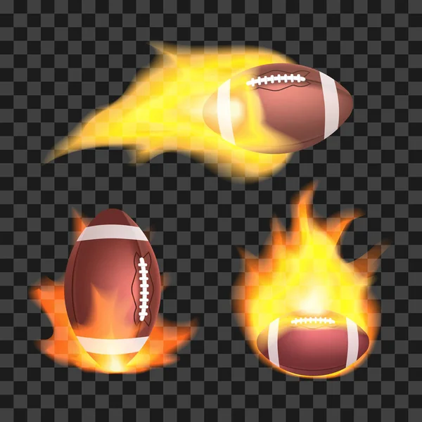 Set van Amerikaans voetbal of rugby ballen flaming op een transparante achtergrond. — Stockvector