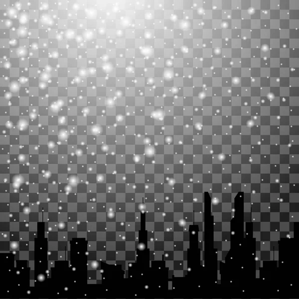 Caindo neve e inverno cidade silhueta fundo. Bonita queda de neve com flocos de neve realistas em fundo transparente — Vetor de Stock