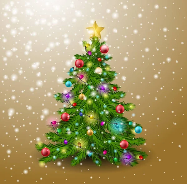 De kerstboom is versierd met een gouden ster, ballen, een slinger en sneeuwval. Fir tree op gouden achtergrond — Stockvector
