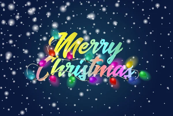 Feliz Navidad título de texto colorido con hermosas luces de guirnalda y nevadas. Ilustración vectorial vacaciones . — Archivo Imágenes Vectoriales