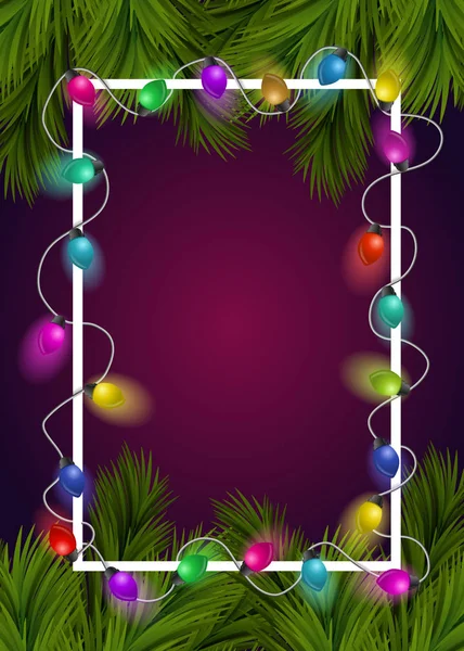 Kerst frame met takken en garland verlichting — Stockvector