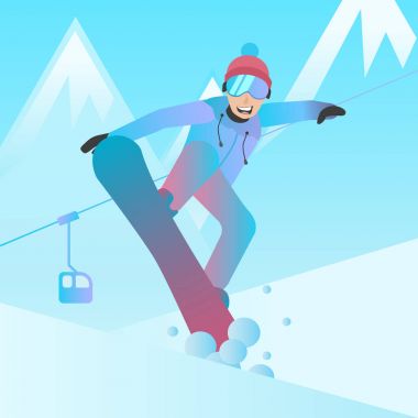 Snowboard vektör çizim. Snowboard yaparken düz karakter atlama adam. Snowboard dağ yamacı arka plan üzerinde.
