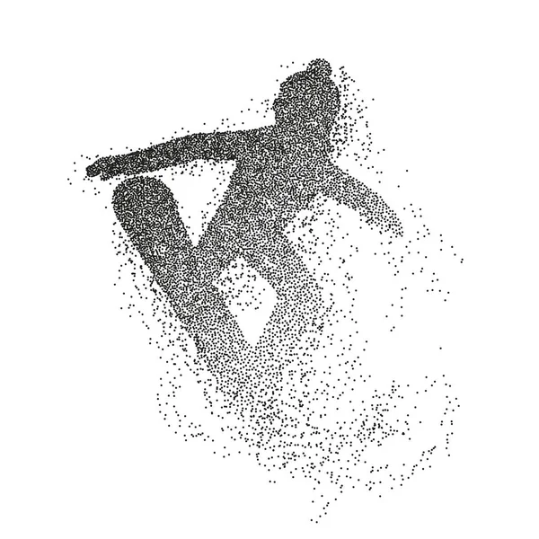 Silhueta de um snowboarder que salta. Ilustração de partículas divergentes . — Vetor de Stock