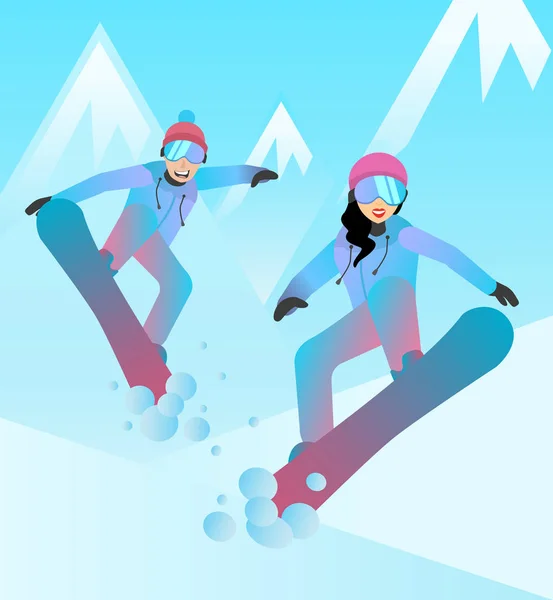 Ilustração vetorial de snowboarders. Homem e mulher a saltar em snowboards. Caracteres planos. snowboarders no fundo da encosta da montanha . — Vetor de Stock