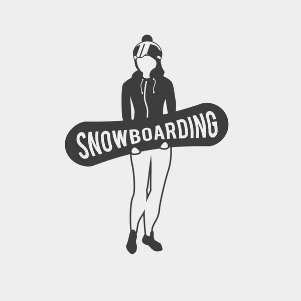 Szablon logo, etykieta lub znaczek Snowboard club. Snowboard symbol z kobiece snowboardzista. — Wektor stockowy