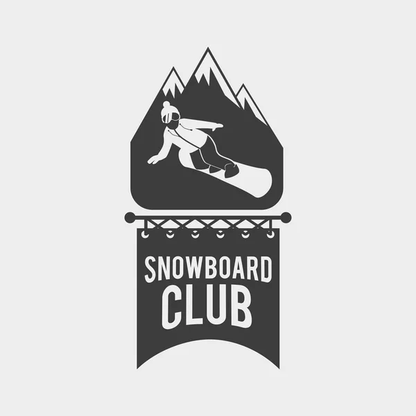 Logo del club de snowboard, etiqueta o plantilla de insignia. Símbolo de snowboard con snowboarder y siluetas de montaña . — Vector de stock