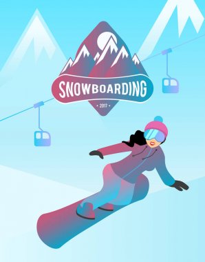 Bir kadın karakteri snowboard çizimi.