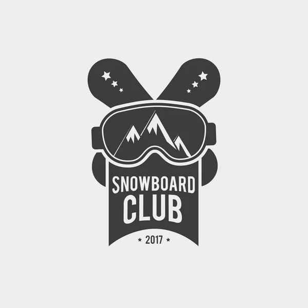 Logo del club de snowboard, etiqueta o plantilla de insignia. Diseño de símbolo vectorial con gafas y montañas en reflexión .. — Vector de stock