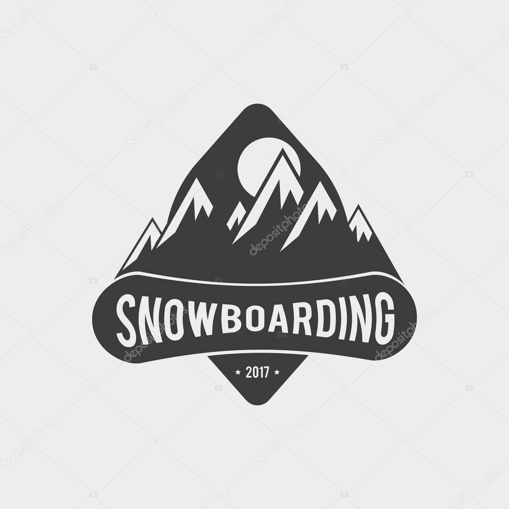 Snowboard club logo, label or badge template. Vector symbol design with mountains. Winter extreme sport.