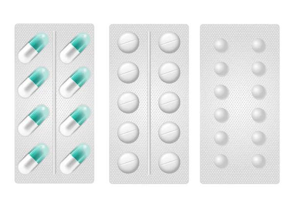 Zestaw realistyczne tabletek w blistrze. — Wektor stockowy