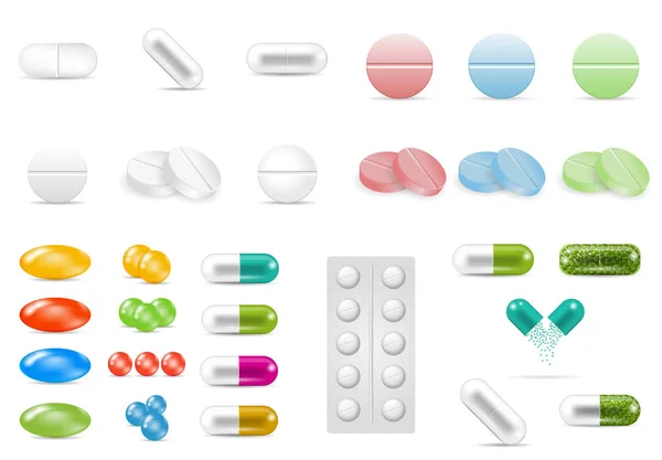 Set of pills in different forms and shapes. — Stock Vector