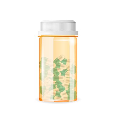 Closed pill bottle of capsule-shaped tablets isolated on the white background. Realistic vector illustration. clipart
