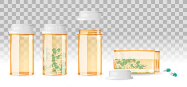 Set of closed and open pill bottles on the transparent background. Realistic vector illustration. — Stock Vector