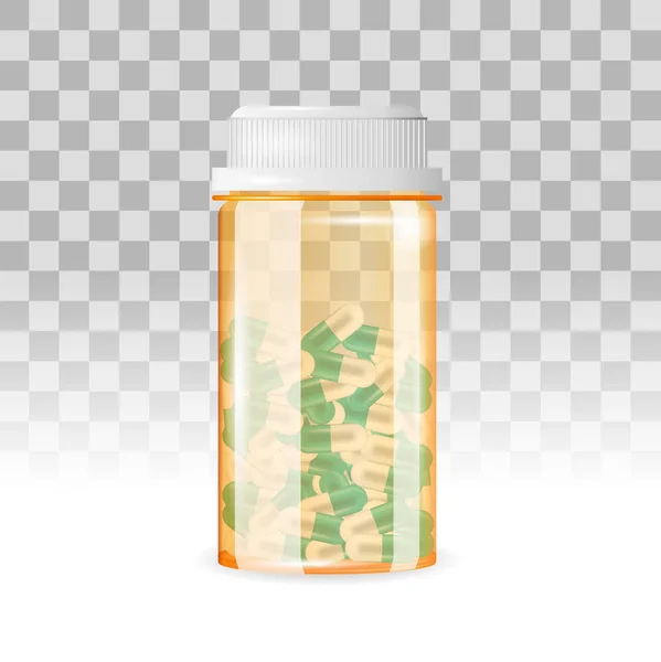 Frasco cerrado de pastillas en forma de cápsula sobre el fondo transparente. Ilustración vectorial realista . — Vector de stock