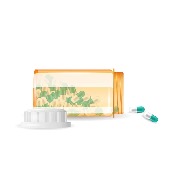Pills are spilling out of a bottle. Realistic vector illustration. Tablets in a bottle isolated on the white background. — Stock Vector