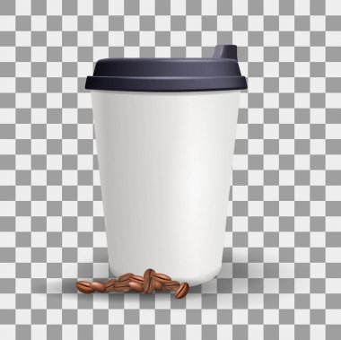Gerçekçi boş ve düz kağıt Kupası mockup kahve çekirdekleri ile.