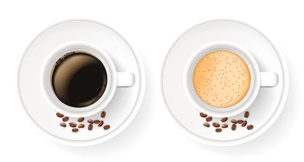 원두 커피와 함께 접시에 두 개의 현실 컵의 상위 뷰. — 스톡 벡터