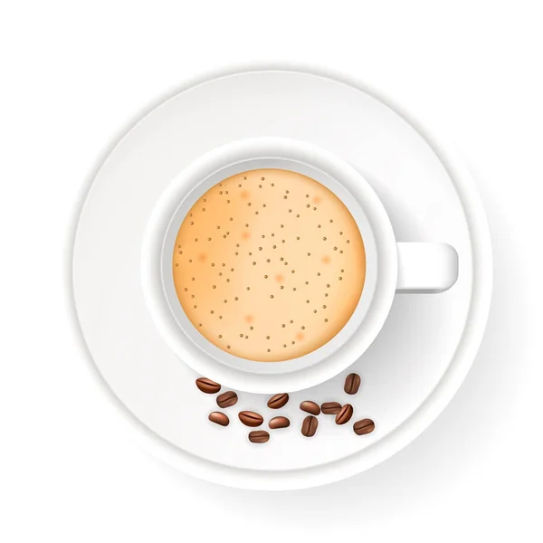Draufsicht auf realistische Tasse auf Untertasse mit Kaffeebohnen. — Stockvektor