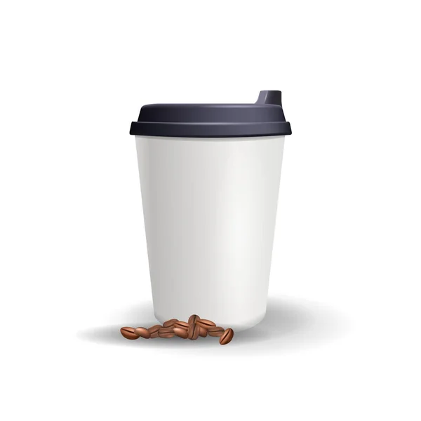 Realistiska, vanligt och tomma papper kopp mockup med kaffebönor. — Stock vektor