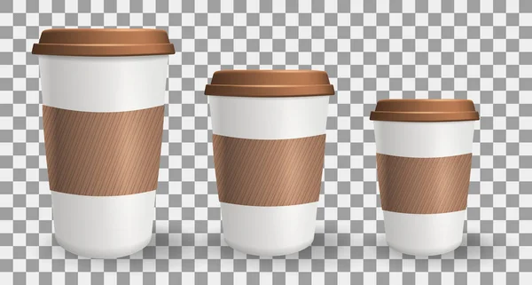 Gerçekçi, gidilir ve paket servisi olan restoran kağıt Kahve kupaları farklı boyutlarda kümesi. — Stok Vektör