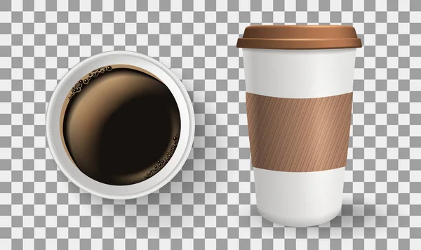 Zusammensetzung von Ober- und Frontansicht zum Mitnehmen und realistische Kaffeetassen aus Papier. — Stockvektor