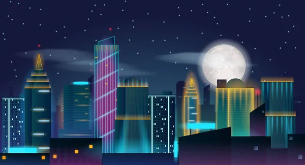 Nuit en ville aux néons avec pleine lune dans le ciel . — Image vectorielle