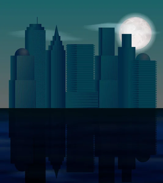 Silueta de ciudad nocturna con luna llena y reflexión sobre el agua . — Vector de stock