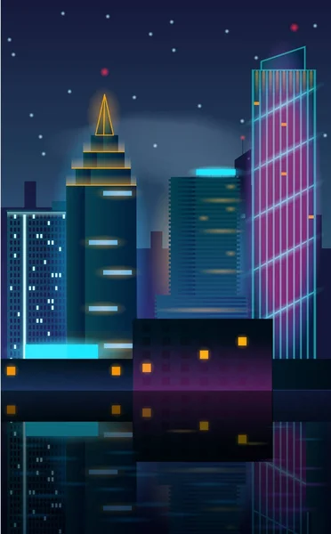 Paisaje nocturno de gran ciudad con rascacielos . — Vector de stock