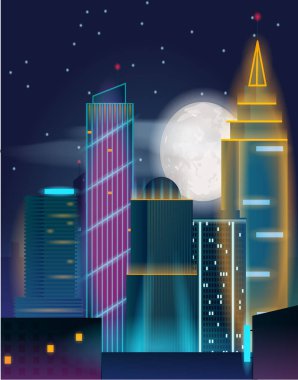 Gece şehir manzarası ile neon ışıkları binalarda. Gece şehir gökdelenler.