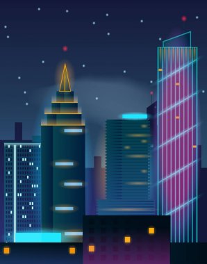 Gece şehir gökdelenler. Neon ışıkları binalarda.